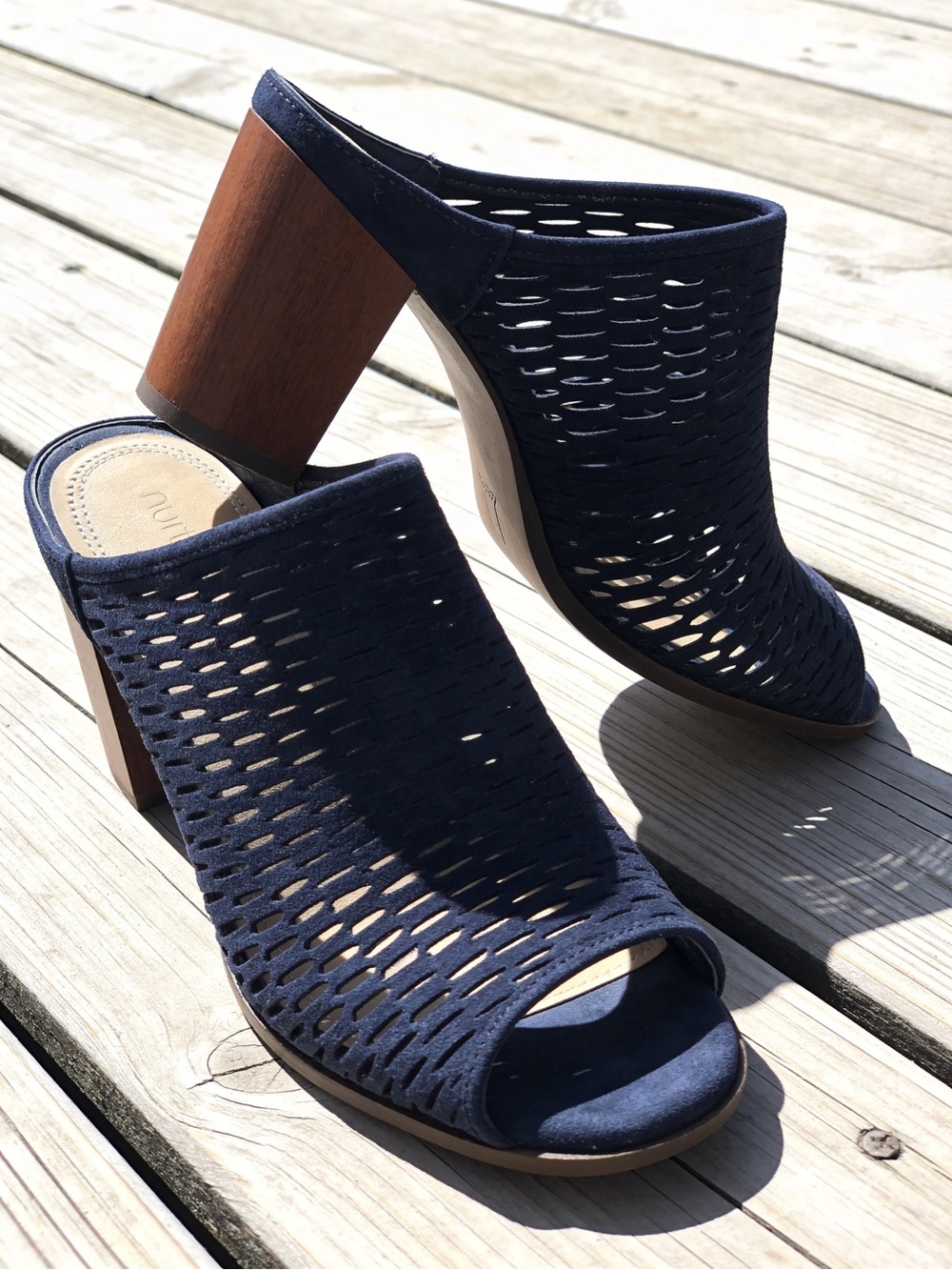 Nurture Wrenna navy blue suede laser cut mule slip on block heel shoe open toe 6